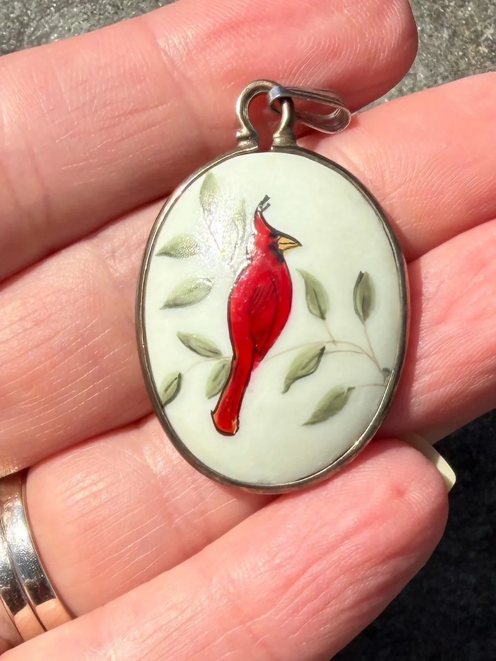 Vintage Sterling Ceramic Red Cardinal Oval Pendant Charm
